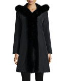Hooded Reversible Fur-Trim Coat, Black 
