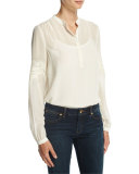 Long-Sleeve Semisheer Henley Blouse w/ Crocheted Trim, Cream