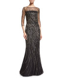 Beaded 3/4-Sleeve Tulle Gown, Caviar
