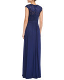 Belted Lace & Chiffon Gown, Navy