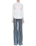 Striped Silk Wide-Leg Trousers, Navy