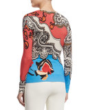 Long-Sleeve Mixed-Print Sweater, Coral/Blue