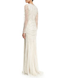 Long-Sleeve Metallic Beaded Gown 