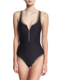 Bridgehampton Zip-Front One-Piece Swimsuit, Black/Gold