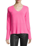 Ribbed-Trim Cashmere V-Neck Sweater, Shocking Pink
