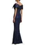 Bell-Sleeve Floral Lace Column Gown, Champagne