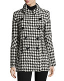 Double-Breasted Houndstooth Peacoat, White/Black