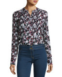 Goldie Floral Silk Tuxedo Blouse, Black/Navy/Red/White