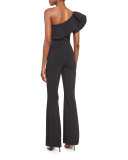 One-Shoulder Stretch Jersey Ruffle Jumpsuit, Black