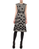 Belted Dotted Houndstooth Sleeveless Dress, Black/Cream