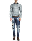 Distressed Straight-Leg Jeans, Blue