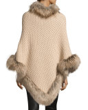 Seed-Stitched Cashmere Fox-Trim Poncho, Oatmeal