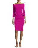 3/4-Sleeve Off-the-Shoulder Peplum Sheath Dress, Cyclamen