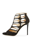 Ren Suede Caged 100mm Sandal, Black/Gold