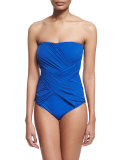 Lattice-Gathered Bandeau Swimsuit, Sapphire