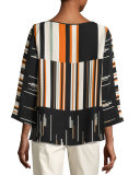 Aubrianna 3/4-Sleeve Avant-Garde Striped Silk Blouse, Multi Pattern