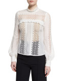 Long-Sleeve Lace-Trim Voile Blouse, White