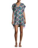 Bermuda Feather-Print Silk Caftan Coverup, Rosa/Verde