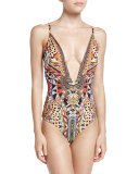 Plunging V-Neck Embellished One-Piece Swimsuit, Bird's Eye View