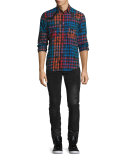 Coated Zip-Front Corduroy Pants, Black