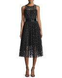 Sleeveless Polka-Dot Cocktail Dress, Black