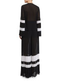 Long-Sleeve Pleated Lace-Up Blouse, Black/White