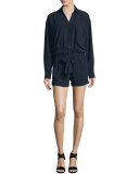 Crepe Long-Sleeve Romper, Navy