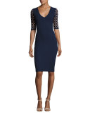 Lattice-Sleeve V-Neck Sheath Dress, Navy