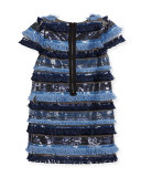 Chloe Cap-Sleeve Sequin & Fringe Shift Dress, Ice, Size 4-6