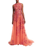Sleeveless Embellished Gown, Coral