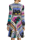Bishop-Sleeve Mixed-Print Dress, White/Multi