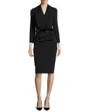 3/4-Sleeve Belted Stretch Crepe Sheath Dress, Black