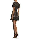 Eleanor Short-Sleeve A-Line Lace Combo Dress, Black
