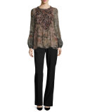 Ashton Bishop-Sleeve Floral-Print Silk Blouse, Golden Mist