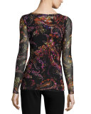 Crewneck Floral-Print Velvet Top
