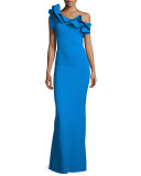 Elisse One-Shoulder Ruffle Mermaid Gown, Blue Notee 