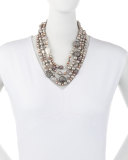 Three-Strand Pearly Bead & Pavé Sphere Bib Necklace