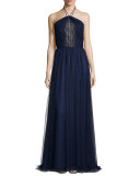 Halter Lace-Center Pleated Tulle Gown 