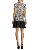 pleated silk chiffon posy grove blouse, neutral