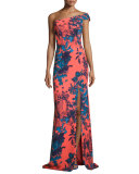 One-Shoulder Floral Ikat Ponte Gown