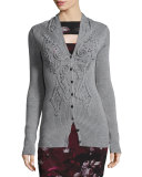 Long Crochet-Trim Wool Cardigan, Chrome