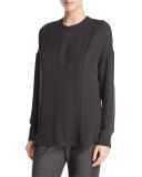 Long-Sleeve Embroidered Stretch-Silk Blouse, Graphite