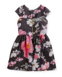 Cap-Sleeve Floral Mesh Dress, Multicolor, Size 7-16