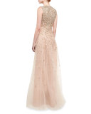 Embellished Sleeveless A-Line Gown, Gold