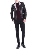 Asymmetric-Zip Leather Moto Jacket, Black