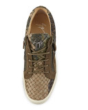 Men's Camo Woven Leather & Suede Low-Top Sneaker, Olive