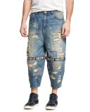Destroyed Ticker Feed Cropped Jeans, Blue
