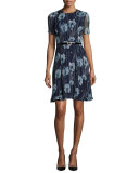 Short-Sleeve Floral-Print Belted Dress, Dusk Multi