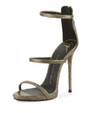 Embossed Leather Three-Strap Sandal, Black/Gold