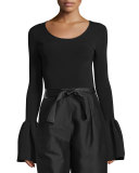 Willow Ribbed Bell-Sleeve Top, Black